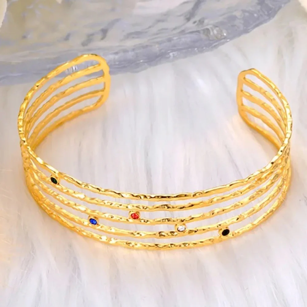 Gold Tone Layered Open Cuff Bracelet Multicolor Rhinestones Lightweight